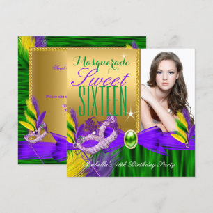 Maskerade Sweet 16 Paars Groen Goud Veer Masker Kaart