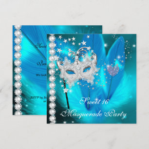 Maskerade Sweet 16 Teal Zwarte Veer Masker 2 Kaart