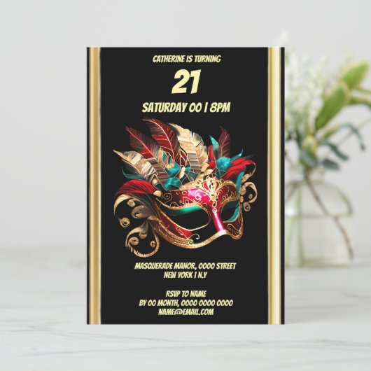 Maskerade thema carnaval blauw goud blauwgroen mas kaart (Staand voorkant)