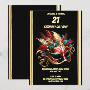 Maskerade thema carnaval blauw goud blauwgroen mas kaart