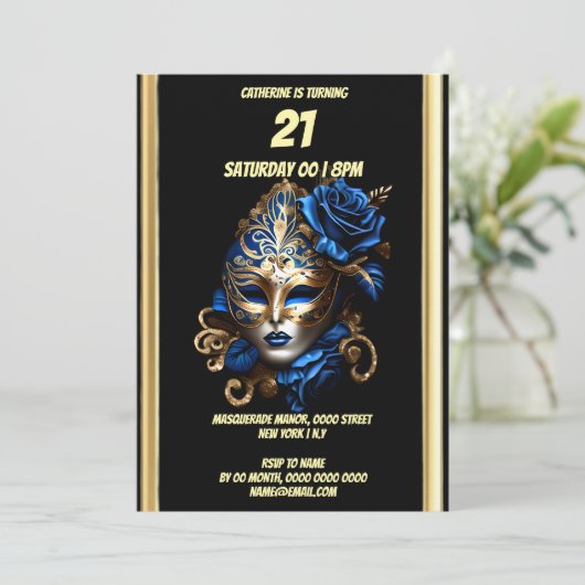 Maskerade thema carnaval blauw goud masker gemaske kaart (Staand voorkant)