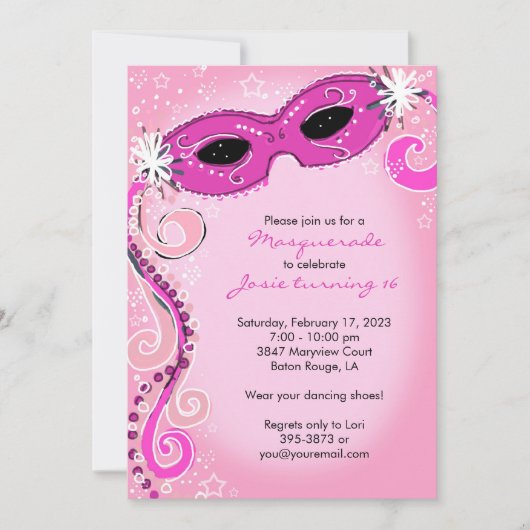 Maskerade uitnodiging: roze zoet 16 bal kaart (Voorkant)