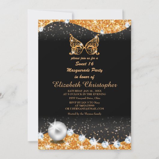 maskerade van zwart en goud, zoet 16 met pareluitv kaart (Achterkant)