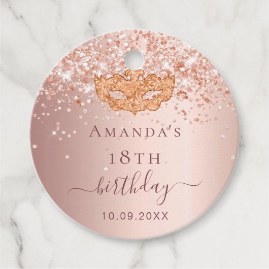 Maskerade verjaardag roze goud glitters bedankt bedankjes labels (Voorkant)