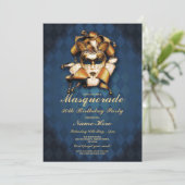 Maskerade Verjaardagsfeest Blauw Goud Masker Uitno Kaart (Staand voorkant)