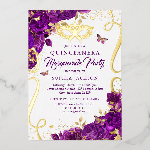 Maskerade Vlinder Goud Paarse Quinceanera Folie Uitnodiging