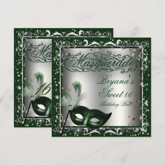 Maskerade Zilver & Groen Verjaardagsfeest Kaart (Voorkant / Achterkant)