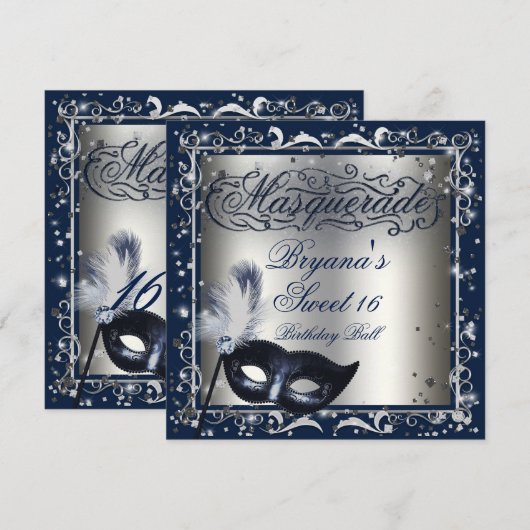 Maskerade Zilver & Koninklijk Blauw Verjaardagsfee Kaart (Voorkant / Achterkant)