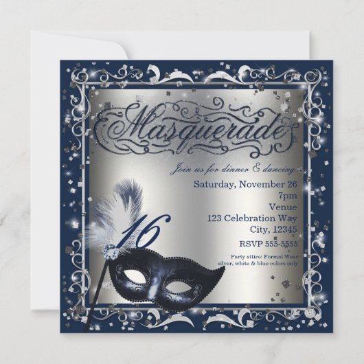 Maskerade Zilver & Koninklijk Blauw Verjaardagsfee Kaart (Achterkant)