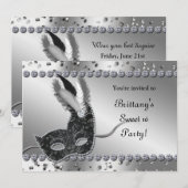 Maskerade Zilver & Zwart Masker Party Uitnodiging (Voorkant / Achterkant)