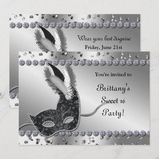Maskerade Zilver & Zwart Masker Party Uitnodiging (Voorkant / Achterkant)