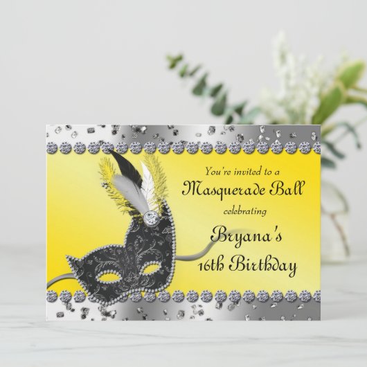 Maskerade Zilveren en Gele Uitnodiging van de Part (Staand voorkant)