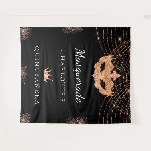Maskerade zwart goud glitters Quinceanera verjaard Wandkleed (Voorkant (horizontaal))