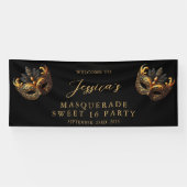 Maskerade Zwart Goud Sweet 16 Verjaardag Welkom Spandoek (Horizontaal)