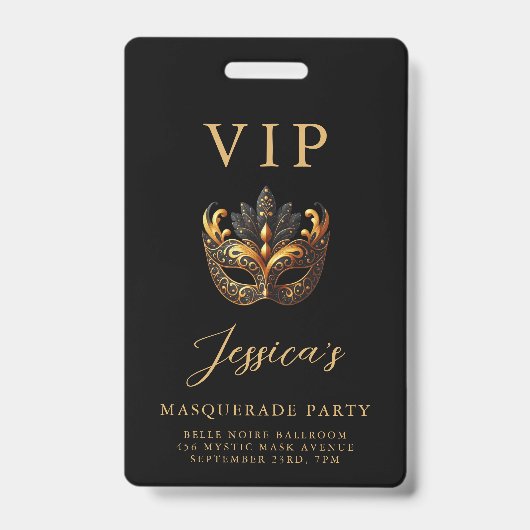 Maskerade Zwart Goud VIP Uitnodiging Badge (Voorzijde)