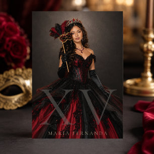Maskeradebal Zwart Rode Quinceañera Uitnodiging