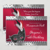 Maskeradebalfeest Zilver en Rood Uitnodiging (Voorkant / Achterkant)