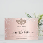 Maskeradefeest roze goud save the date kaart (Staand voorkant)