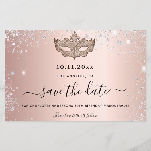 Maskeradefeest roze goud save the date kaart (Voorkant)