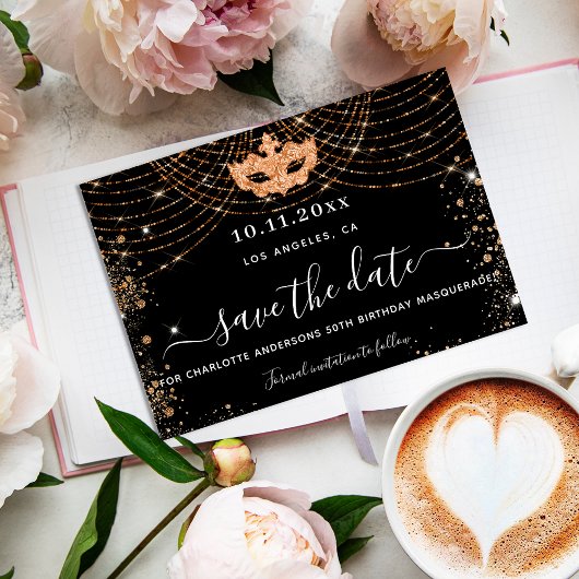 Maskeradefeest zwart goud glitters save the date aankondigingskaart