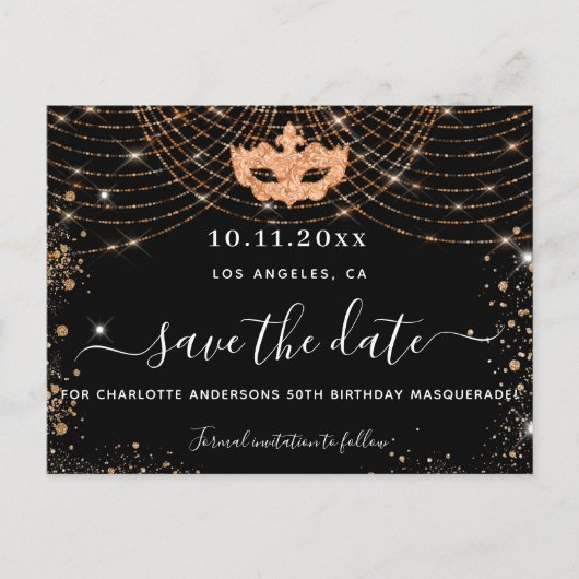 Maskeradefeest zwart goud glitters save the date aankondigingskaart (Voorkant)