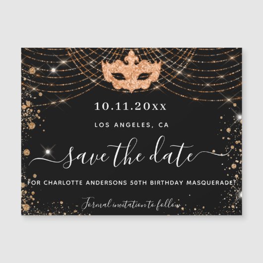 Maskeradefeest zwart goud save the date magneet (Voorkant)