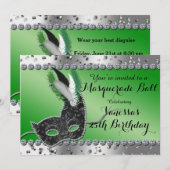 Maskerbal Masker Groen Zilver Feest Uitnodiging (Voorkant / Achterkant)