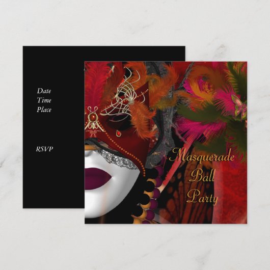 Maskerbalfeest Masker Zwart Rood Kaart (Voorkant / Achterkant)