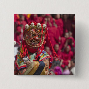 Maskerdansuitvoering op het Tshechu-festival 3 Vierkante Button 5,1 Cm