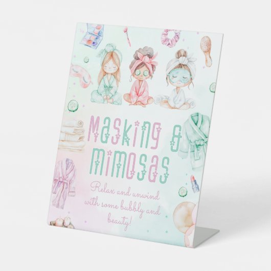 Maskeren en Mimosas kinder Spa feestje Gezichtstat Reclamebord Met Voetstuk (Voorkant)