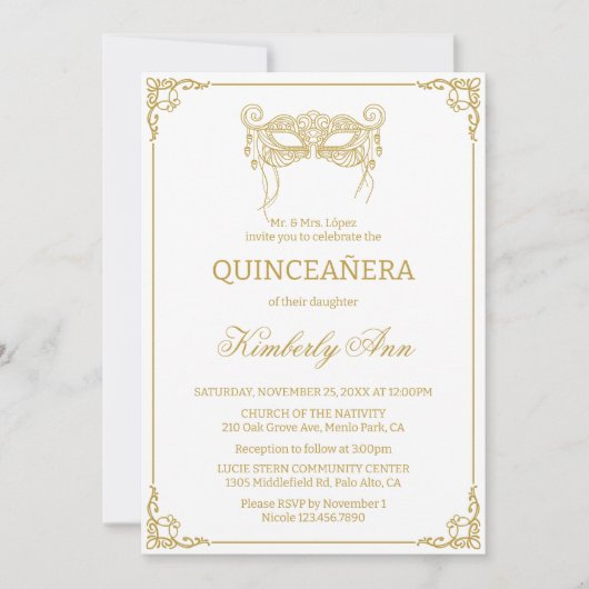 Maskermasker gouden quinceanera kaart (Voorkant)