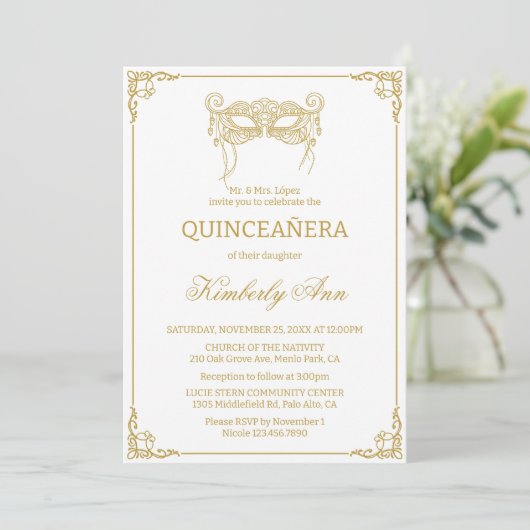 Maskermasker gouden quinceanera kaart (Staand voorkant)