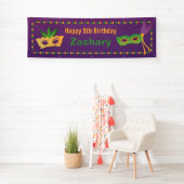 Maskers en kralen Mardi Gras Birthday Party Banner (Insitu)