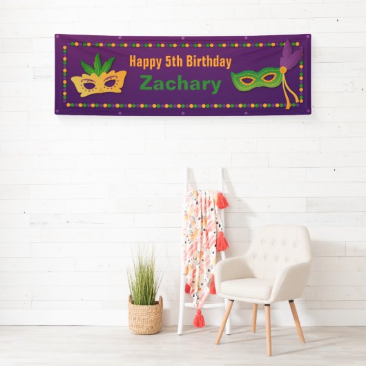 Maskers en kralen Mardi Gras Birthday Party Banner (Insitu)