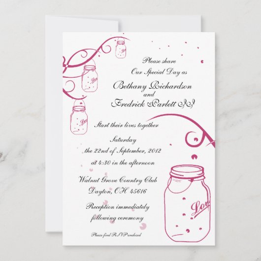 Mason Jar and Firefly Wedding Invitation - Fushia Kaart (Voorkant)