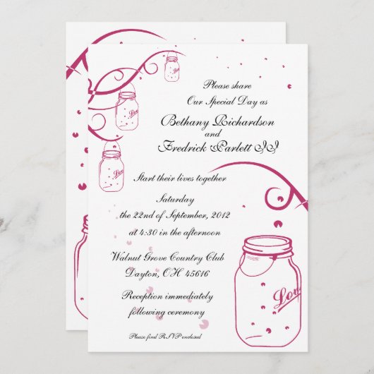 Mason Jar and Firefly Wedding Invitation - Fushia Kaart (Voorkant / Achterkant)