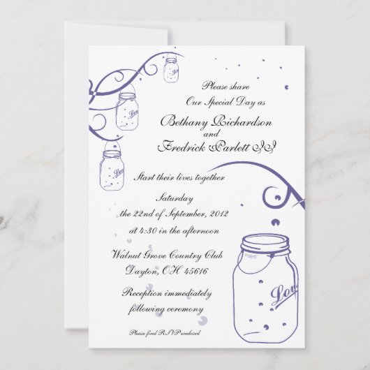 Mason Jar and Firefly Wedding Invitation - Grape Kaart (Voorkant)