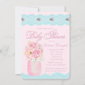 Mason Jar and Lace Waterverf Floral Baby shower Kaart
