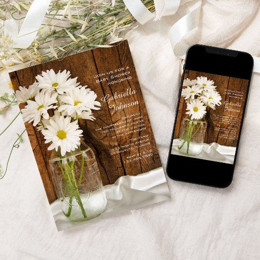 Mason Jar and White Daisies Country Baby shower Kaart