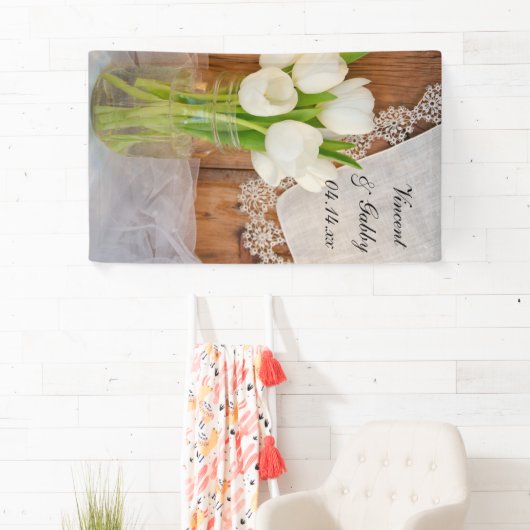 Mason Jar and White Tulips Country Barn Weddenscha Spandoek (Insitu)