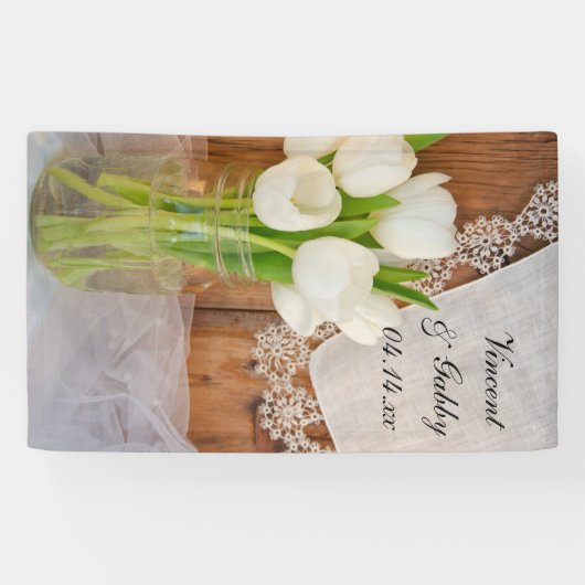 Mason Jar and White Tulips Country Barn Weddenscha Spandoek (Horizontaal)