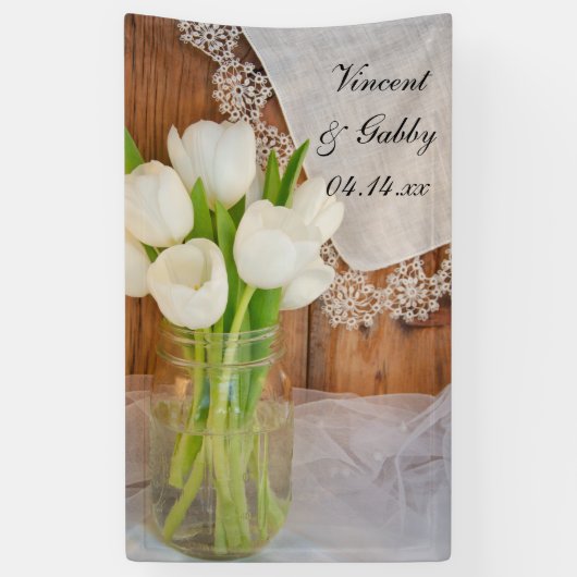 Mason Jar and White Tulips Country Barn Weddenscha Spandoek (Verticaal)