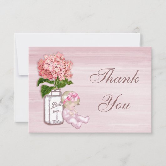 Mason Jar, Baby Girl, Pink Hydrangea Hartelijk dan Bedankkaart (Voorkant)