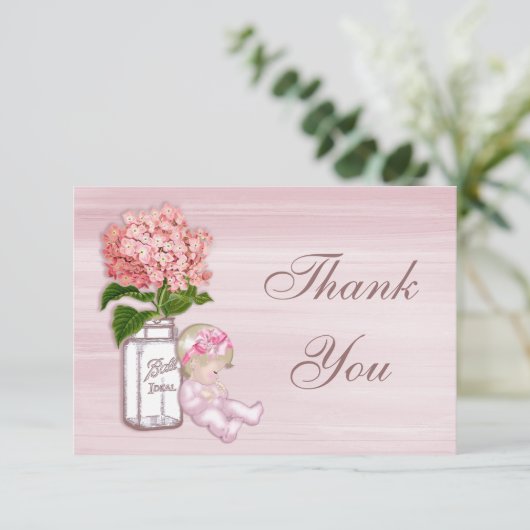 Mason Jar, Baby Girl, Pink Hydrangea Hartelijk dan Bedankkaart (Staand voorkant)