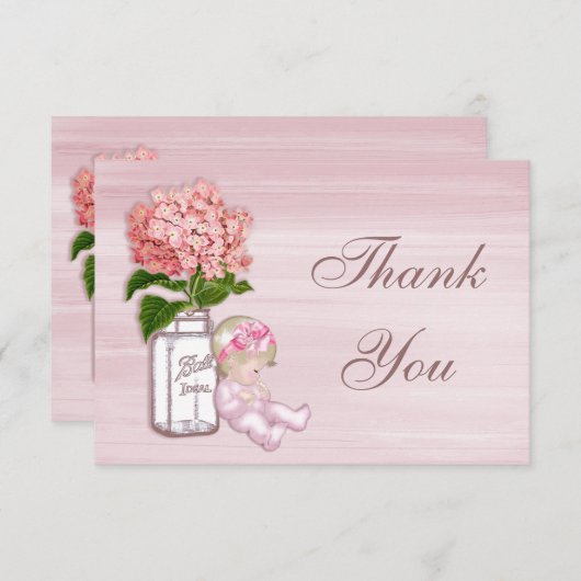 Mason Jar, Baby Girl, Pink Hydrangea Hartelijk dan Bedankkaart (Voorkant / Achterkant)