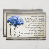 Mason Jar Barn Wood Blue Hydrangeas Wedding Invite Kaart (Voorkant / Achterkant)