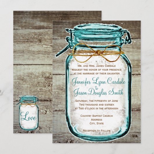 Mason Jar Barn Wood Rustic Wedding Invitations Kaart (Voorkant / Achterkant)
