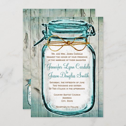 Mason Jar Barn Wood Rustic Wedding Invitations Kaart (Voorkant / Achterkant)