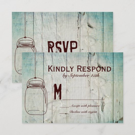 Mason Jar Barn Wood Typography Wedding RSVP Cards (Voorkant / Achterkant)