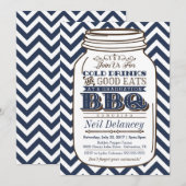 Mason Jar BBQ Afstuderen Invitation, Chevron Navy Kaart (Voorkant / Achterkant)